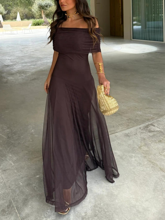 INÉS™ | VESTIDO LARGO DE MALLA ASIMÉTRICO