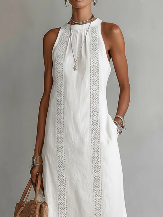 VEGA™ | VESTIDO MIDI DE LINO CUELLO MAO
